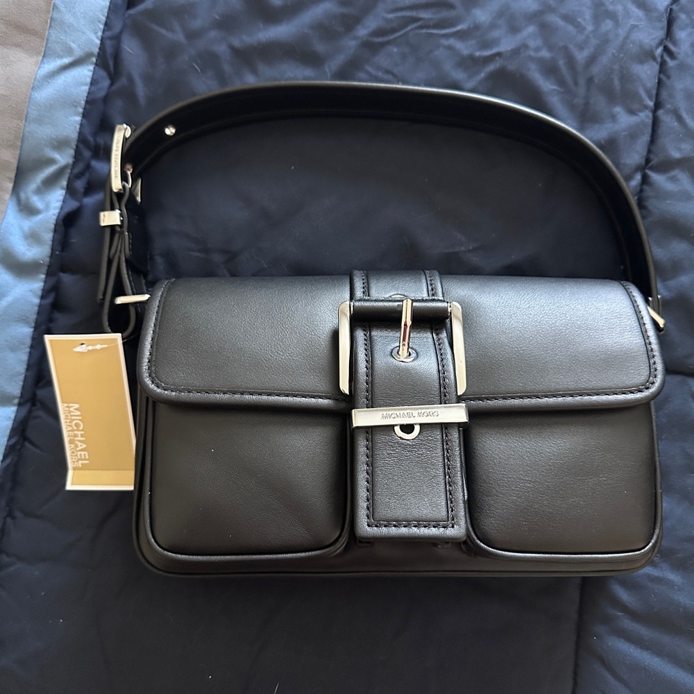 Michael Kors Black Leather Buckle Shoulder Bag & Matching Tri-Fold Wallet